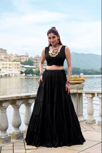 Black Rayon Gamthi Jacket Lehenga Choli with 10 Meters Flair