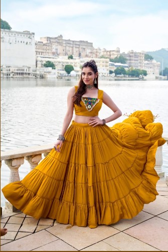 Mustard Rayon Gamthi Mirror Lehenga with 10 Meters Flair