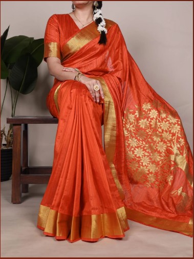 Orange Designer Raw Silk Saree