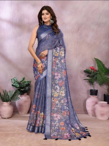 Navy Blue Linen Shimmer Saree