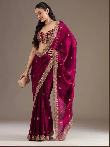 satin silk saree with zari dori