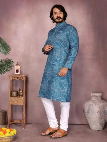 Mid Blue Premium Cotton Sequence Work Mens Kurta Pyjama