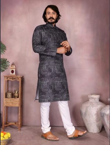 Black Premium Cotton Designer Mens Kurta