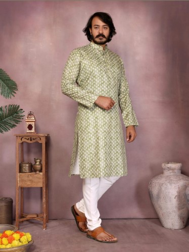 Light Green Cotton Sequence Work Kurta Pyjama