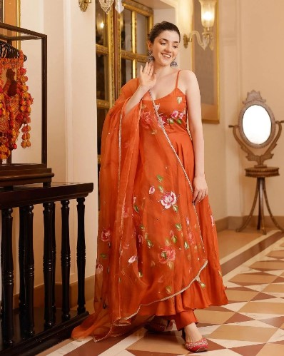 Orange Printed Georgette Anarkali Kurti Set