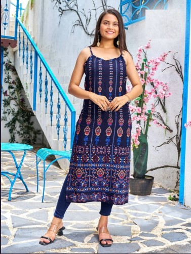 Sleeveless Rayon Printed Straight Cut Kurti