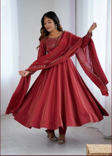 Maroon Roman Shimmer Silk Anarkali Suit with Dupatta