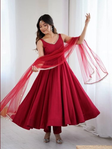 Maroon Roman silk Chanderi Anarkali Suit with Dupatta and Pant