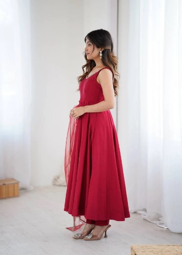 Maroon Roman silk Chanderi Anarkali Suit with Dupatta and Pant