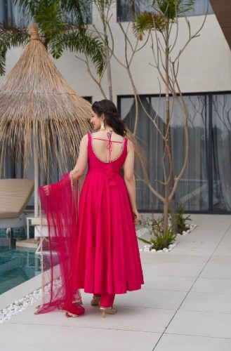 Royal Rani Pink Pure Roman silk Chanderi Anarkali Set with Dupatta and Pant