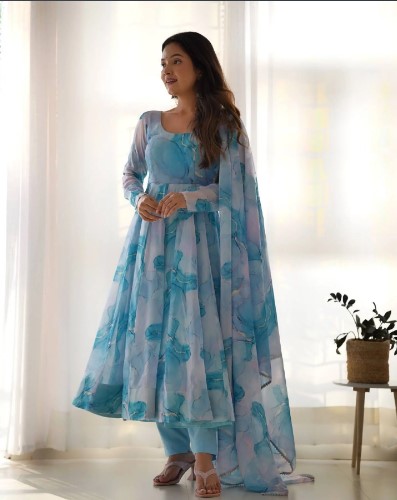Marble Print Organza Anarkali Set with Gota Dupatta