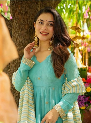 Aqua Blue Faux Georgette Gown Style Kurti with Pant and Dupatta