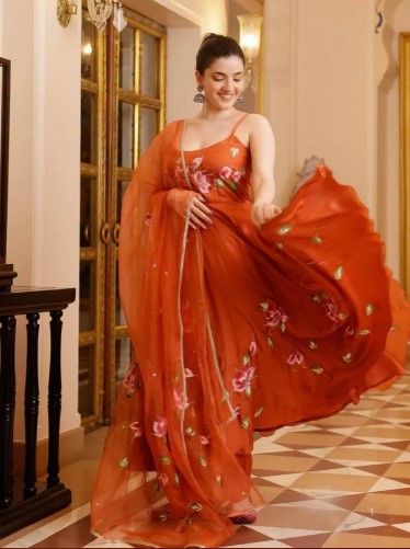 Orange Printed Georgette Anarkali Kurti