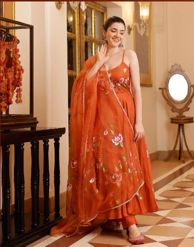 Orange Printed Georgette Anarkali Kurti