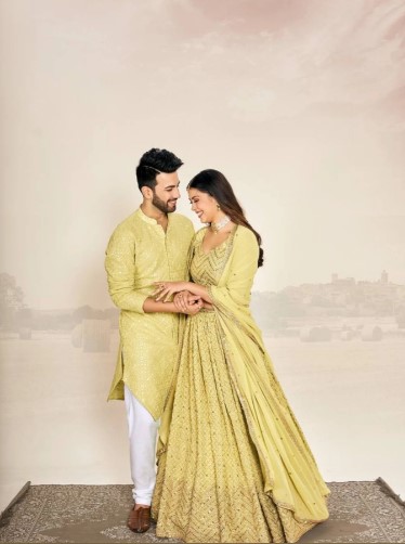 Haldi Ceremony Couple Dress Georgette Lehenga with Kurta Pajama