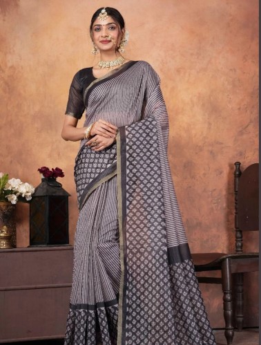 Digital Printed Chanderi Saree with Contrast Pallu