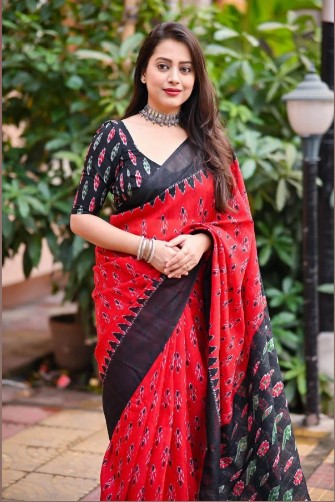 Red-Elegant Linen Cotton Printed Saree