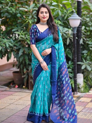 Blue beige color linen cotton saree