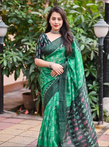 Elegant Green Linen Cotton Printed Saree