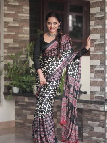 ajrakh printed japan silk saree