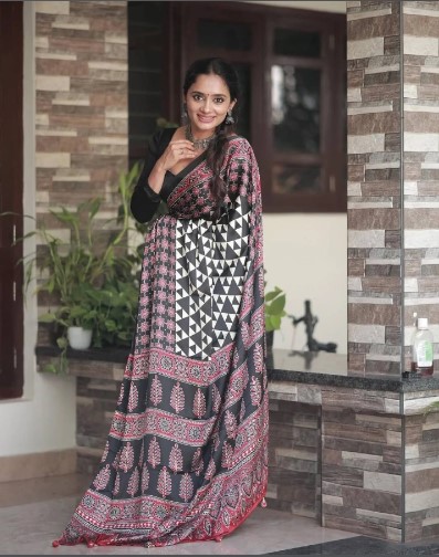 ajrakh printed japan silk saree