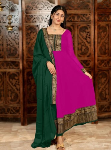 Magenta Vichitra Silk Suit with Golden Jacquard Lace