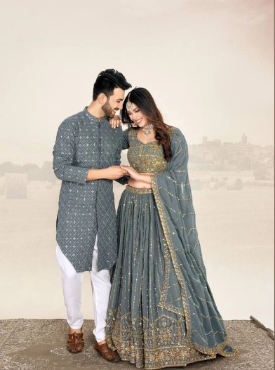 Couple Combo Embroidered Lehenga Choli and Mens Kurta Set