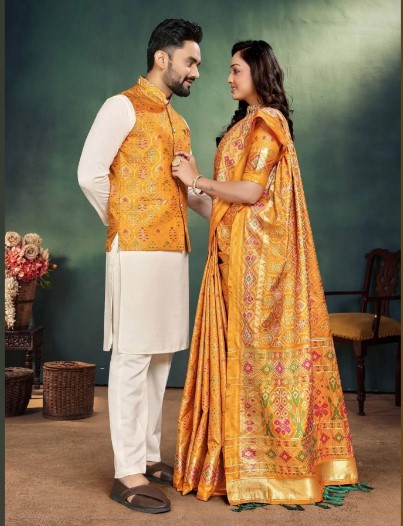 Yellow Haldi Couple Outfit Set Traditional Indian Saree with Mens Kurta Pajama Jacquard Silk Jacket