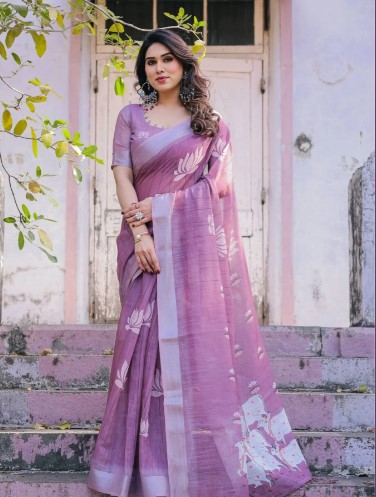Lavender Linen Cotton Saree with Lotus and Cow Print