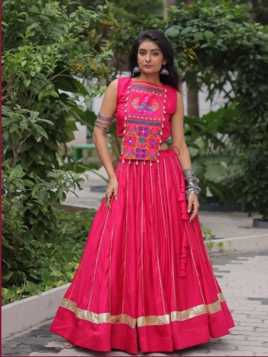 Roman Silk Lehenga with Mirror Work and Gota Lace